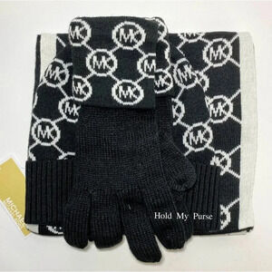 Michael Kors Black & White Scarf, Hat, Gloves Gift Set